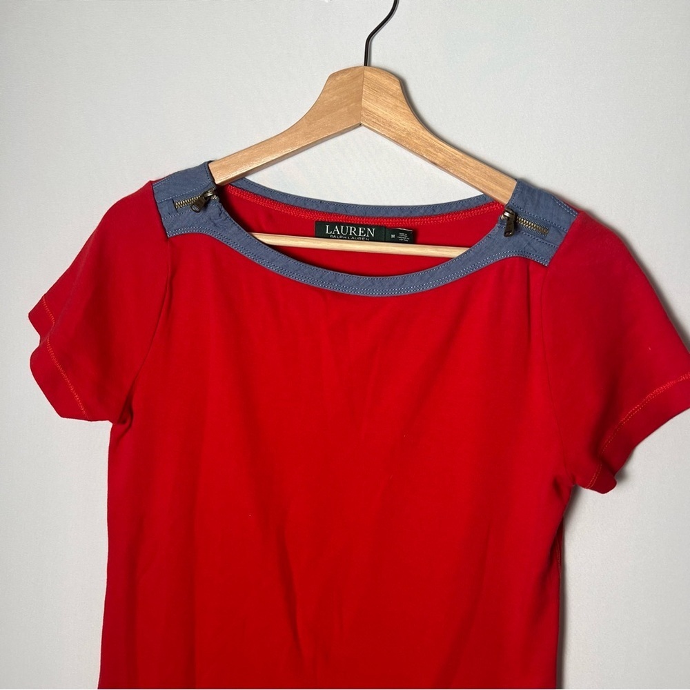 Lauren Ralph Lauren 90s Y2K Chambray Trim Zip Shoulder Short Sleeve Top Red Med - Picture 2 of 7